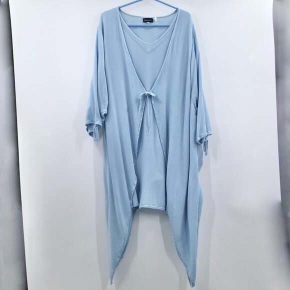 Handmade Lagenlook Mock Twinset Women's 5X Top Light Blue Sharkbite Hem Boho - Picture 1 of 14